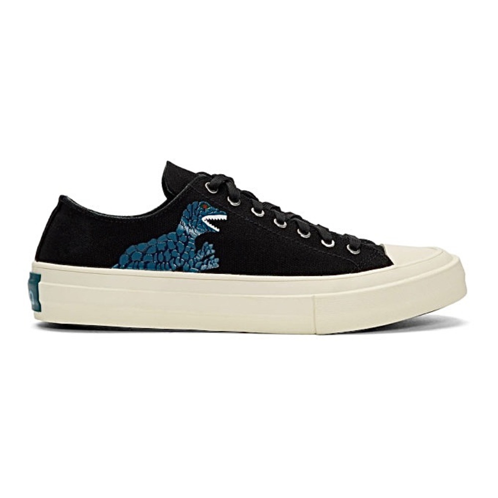 Paul Smith Black Canvas Low-Top Kinsey Dino Sneakers with Blue Dinosaur Print